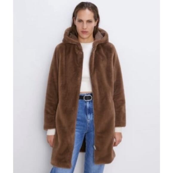 Zara Faux Fur Zip Front Teddy Bear Coat Jacket Size XL Long Sleeves Side Pockets - Picture 2 of 13